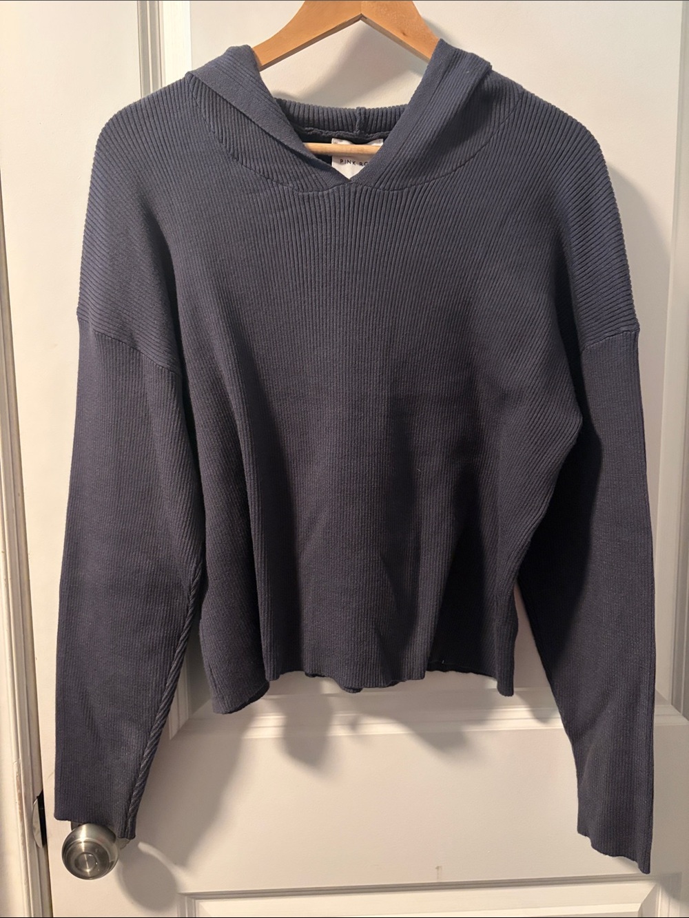 Pink Rose Ribbed Cowl Neck Hoodie Sweater - Slate Blue